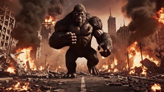 Giant Ape in Destroyed Cityscape - A massive, ape-like creature walks through a burning and destroyed urban landscape. Buildings are crumbling and engulfed in flames and smoke fills the sky.
