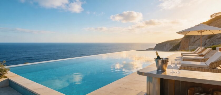 Luxury infinity pool overlooking ocean at sunset with lounge chairs and champagne on terrace, idea for summer vacation, travel destination and luxury resort lifestyle concept