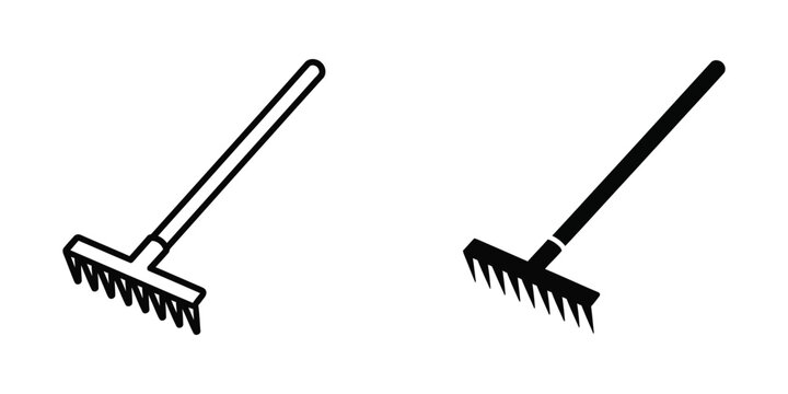Two garden rakes positioned side by side on a plain background