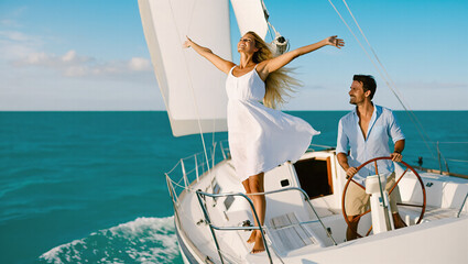 Obraz premium Woman standing on sailboat with man steering