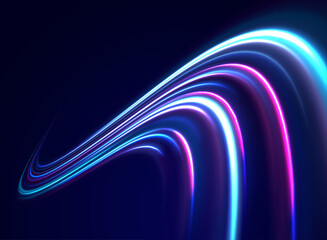 Blue and purple light streaks twist along dark highways. Acceleration motion effect conveys speed and energy. Vector PNG perfect for futuristic designs. © Vitalii