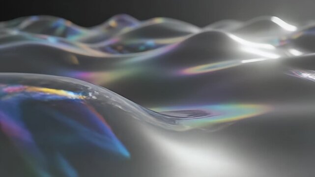 Abstract Iridescent Glass Waves - A close-up shows abstract, wavy, glass-like surface with iridescent refractions. The surface is seamless, creating a visually fluid and dynamic background.