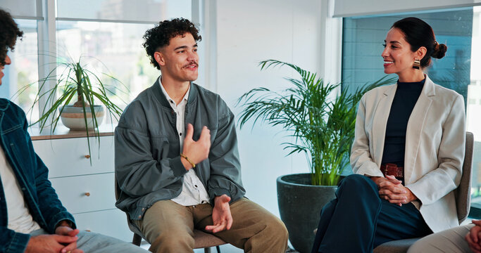 Psychology, man and happy with talking in group therapy for healing, addiction recovery and support. Rehabilitation, people and male member in circle for relapse prevention, share story or counseling