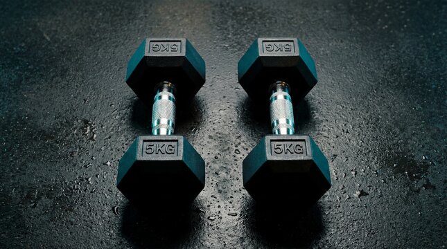 Pair of 5kg hexagonal cast iron dumbbells on wet dark concrete floor, cinematic top-down view, professional fitness equipment