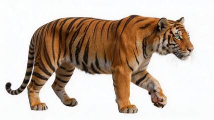 Fototapeta premium a-bengal-tiger-in-midstride-against-a-pure-white-background-captured-in-a-powerful-sideprofi