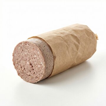 Liver Sausage Partially Wrapped in Paper Isolated on White Background