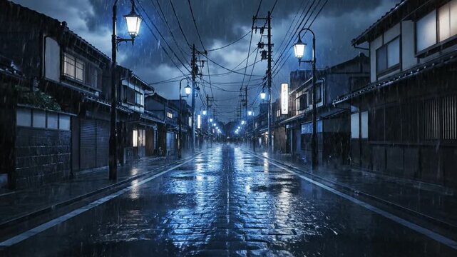 A dark and moody urban street scene at night featuring a row of glowing street lamps casting a dim yellow light on an empty asphalt road and sidewalk with deep shadows.