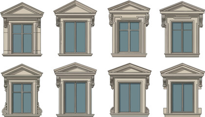 Collection of classical architectural windows with ornate pediments elegant vector design elements for historical building projects isolated on white © Ahmad