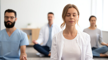 Fototapeta premium Group meditation session in a bright room, focusing on mindfulness and relaxation.