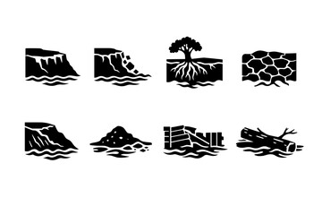 Fototapeta premium A Collection of Illustrative Black and White Graphics Representing Various Natural Landscapes and Elements of Earth, Water, and Vegetation