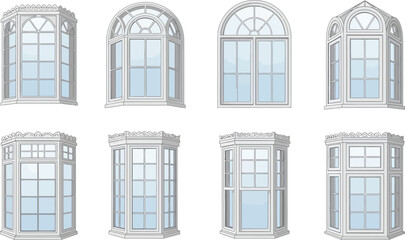 Obraz premium Collection of various bay and bow windows with classic white frames and clear glass ideal for architectural design home renovation or real estate projects