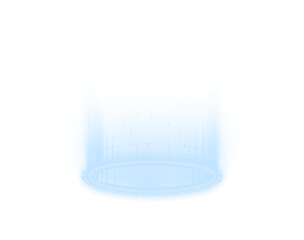 Bright neon blue circle platform with soft glowing aura. Energy sparks move around forming a digital portal. Transparent PNG for futuristic UI elements. © Vitalii