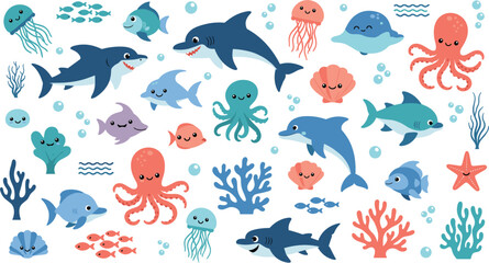 Cute Ocean Life Icon Set with Sharks, Dolphins, Jellyfish, Octopus, Coral, Fish, and Sea Creatures in Playful Style © Yousuf