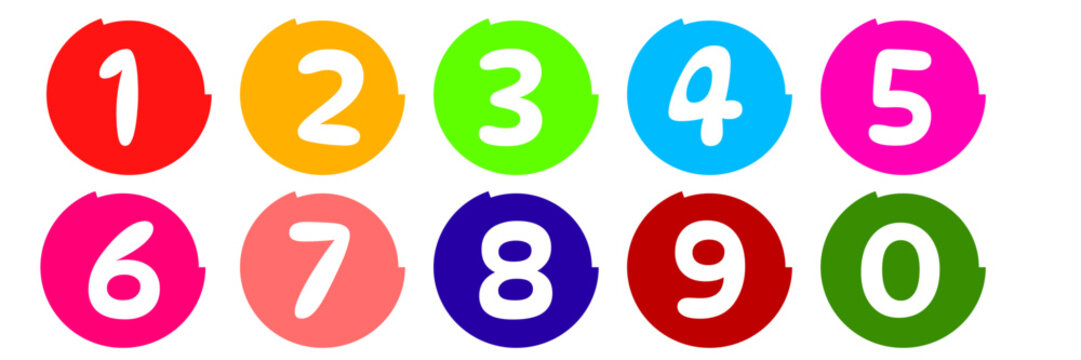 Collection of bullet point designs from 0 to 9. Number icons with round designs on white background.