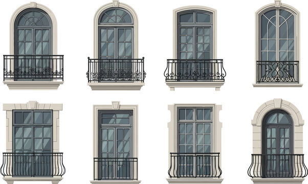 Set of classic architectural windows with ornate wrought iron balconies featuring various shapes and traditional designs isolated on a white background