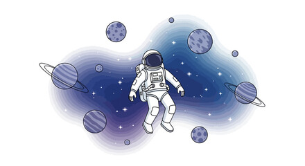 An astronaut floats in space surrounded by colorful planets and stars on International Day of Human Space Flight © NanzZ