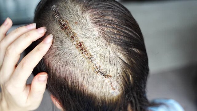 Close up of fresh surgical scar with staples on shaved head one week after craniotomy for brain tumor removal. Early postoperative healing and recovery concept.