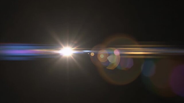 Anamorphic Lens Flare on Black Background - This video features a vibrant anamorphic lens flare with a central burst of light.