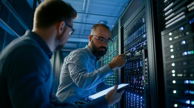 Server Room Collaboration: Two technicians collaborate in a modern server room, meticulously inspecting and maintaining the high-tech equipment.