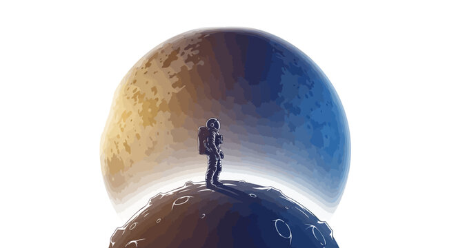 An astronaut stands on a planetary surface looking up at a large, colorful moon in a galaxy during a space exploration mission