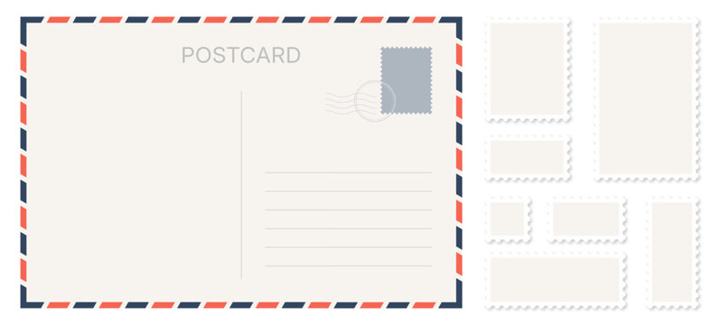 Old postcard and postage collection with address line and stamps. Retro blank vintage air mail envelopes templates. Vector transparent illustration