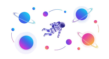 An astronaut floats through a colorful galaxy surrounded by planets and moons in a vibrant illustration for space exploration day © NanzZ