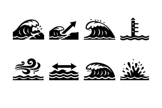 A Stylish Collection of Wave Icons Illustrating Ocean Movement, Currents, and Coastal Elements in Minimalist Design