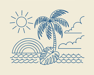 Obraz premium Tropical island paradise scene with palm tree, sun, rainbow and waves. Summer vacation, beach landscape.