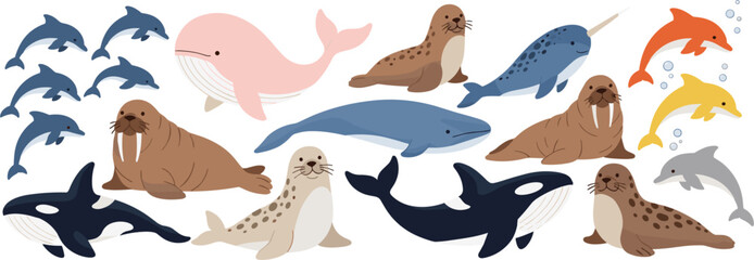 Cute Ocean Animal Vector Set Including Dolphins, Whales, Seal, Narwhal, and More © Yousuf