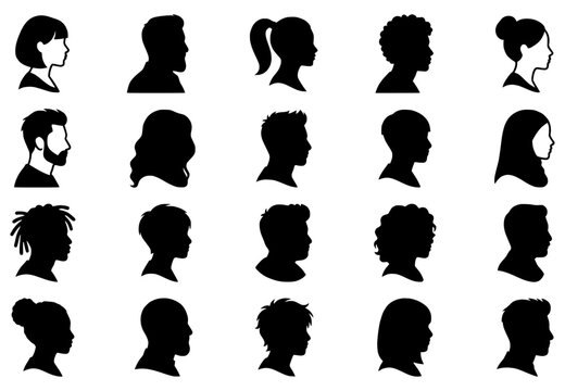 Collection of diverse human profile silhouettes with various hairstyles including hijab and dreadlocks
