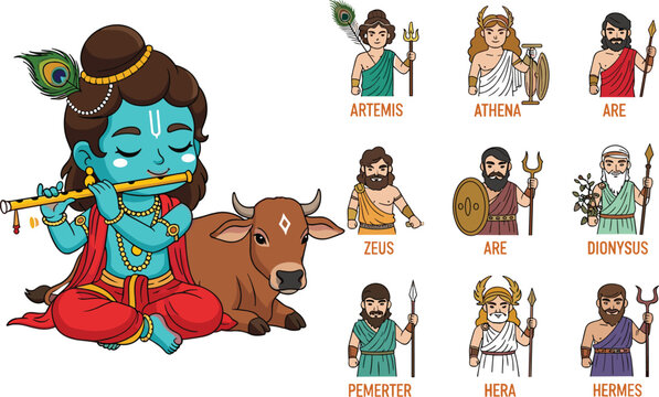 Vector illustration set featuring Lord Krishna with flute and cow alongside Greek gods like Zeus Athena and Hermes for diverse mythological cultural education.