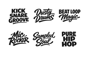 Obraz premium A Collection of Creative Typography Showcasing Various Music-Related Phrases with a Focus on Hip Hop, Drumming, and Soul Influence.