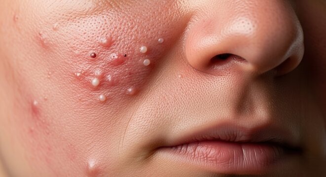 Extreme close-up of skin with inflammatory acne, showing red bumps and white-headed pustules on the cheek area.