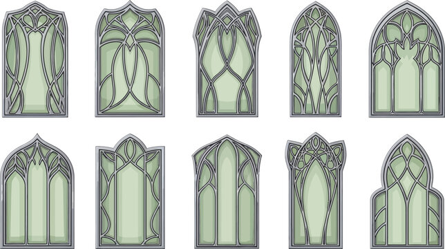 Set of intricate fantasy windows and gothic arches featuring ornate elven-style frames with a magical green glow perfect vector elements for game design UI or architectural concepts isolated on white