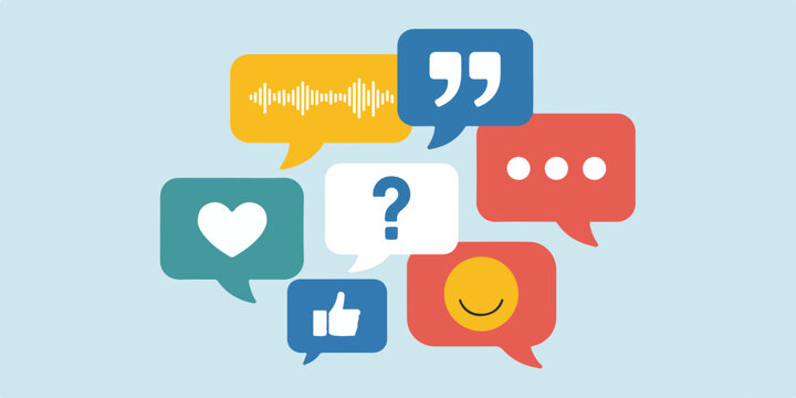 Speech bubbles with icons for feedback, like, heart, question, audio, quotes, and smiley face
