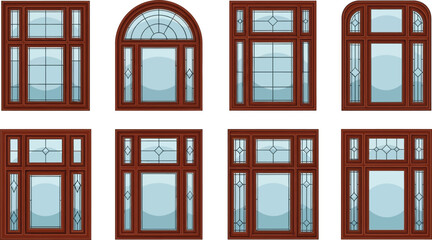 Naklejka premium Collection of classic wooden window designs featuring various shapes and detailed glass pane configurations ideal for architectural plans and home renovation projects