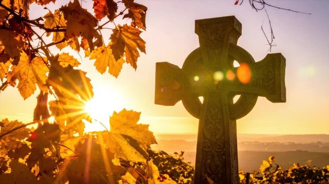 A sunlit stone Celtic cross silhouetted at sunset, with fall foliage in the foreground