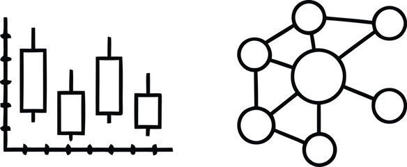 Obraz premium Candlestick chart alongside a network of interconnected nodes and edges isolated on transparent background