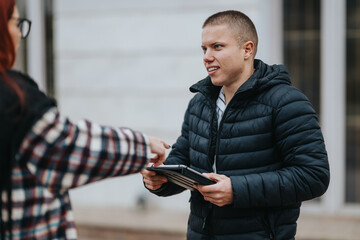 A young man in a black puffer jacket exchanges a tablet with a customer outside. © qunica.com