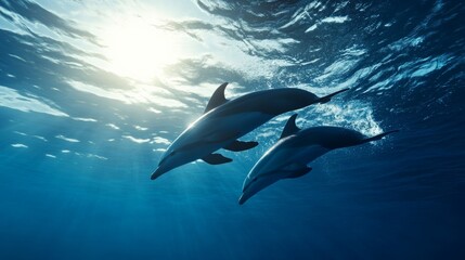 Naklejka premium Dolphin Duo in the Deep Blue: Two playful dolphins gracefully glide through the crystal-clear ocean waters, illuminated by the sun's radiant rays.