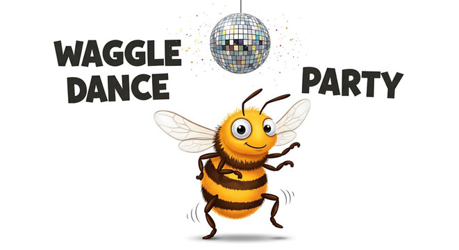 A cheerful cartoon bee dancing under a disco ball with the words 'Waggle Dance Party' in a fun, playful illustration.