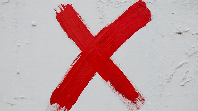 Red cross mark painted on white wall representing wrong answer rejection error and negative feedback concept