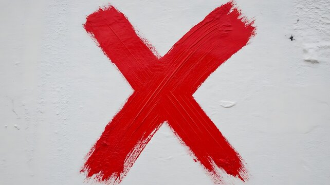 Red cross mark painted on white wall representing wrong answer rejection error and negative feedback concept
