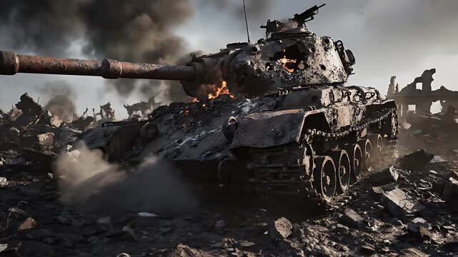 Destroyed Tank in a War-Torn Battlefield - This video shows a heavily damaged tank amidst the ruins of a war-torn battlefield, with smoke billowing in the background.