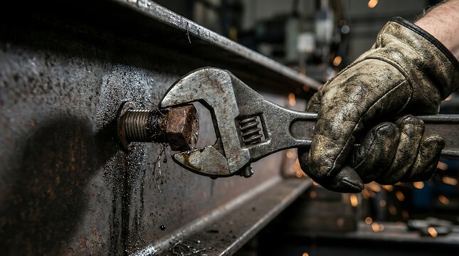 Close Up of Oily Gloved Hand Tightening Large Industrial Steel Bolt
