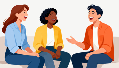 Fototapeta premium Three people laugh together, seated closely. Their smiles and gestures show warm, joyful connection. They engage in lively, friendly conversation. Ideal for scenes of teamwork, community