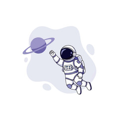 Vector flat design illustration of an astronaut floating in space with a planet and ring system in the background, wearing a white and purple spacesuit with a purple splash design. © denijulianto