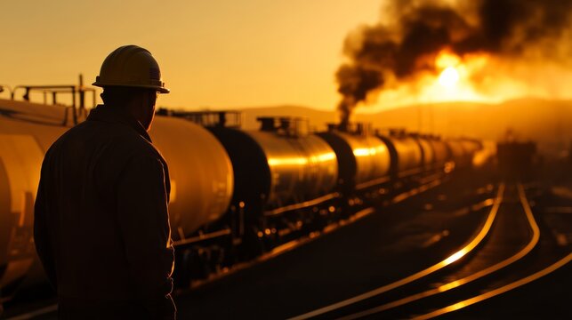 Industrial worker observing freight trains at sunset railroad yard photography urban environment side view labor and industry concept