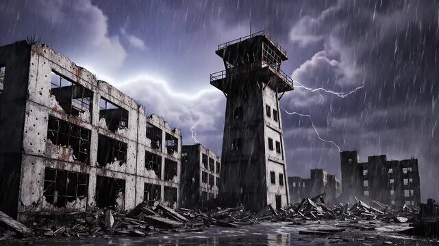 Post-Apocalyptic Ruins with Watchtower - A stormy sky with lightning illuminates dilapidated concrete buildings and a watchtower, revealing a scene of post-apocalyptic destruction with rubble