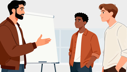 Fototapeta premium Man teaches two young men using a whiteboard. He gestures as if explaining a concept. The men listen attentively, focused on his words